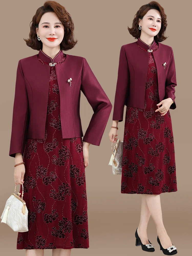 

Ele Mid-aged Women's Wedding Dr Set Autumn Faion Long-sve Round-ne Polyester Fiber Dr with Diamond Decoration