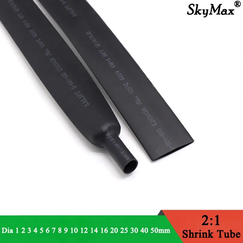 1 Meter Black Dia 1 2 3 4 5 6 7 8 9 10 12 14 16 20 25 30 40 50 mm Heat Shrink Tube 2:1 Polyolefin Thermal Cable Sleeve Insulated