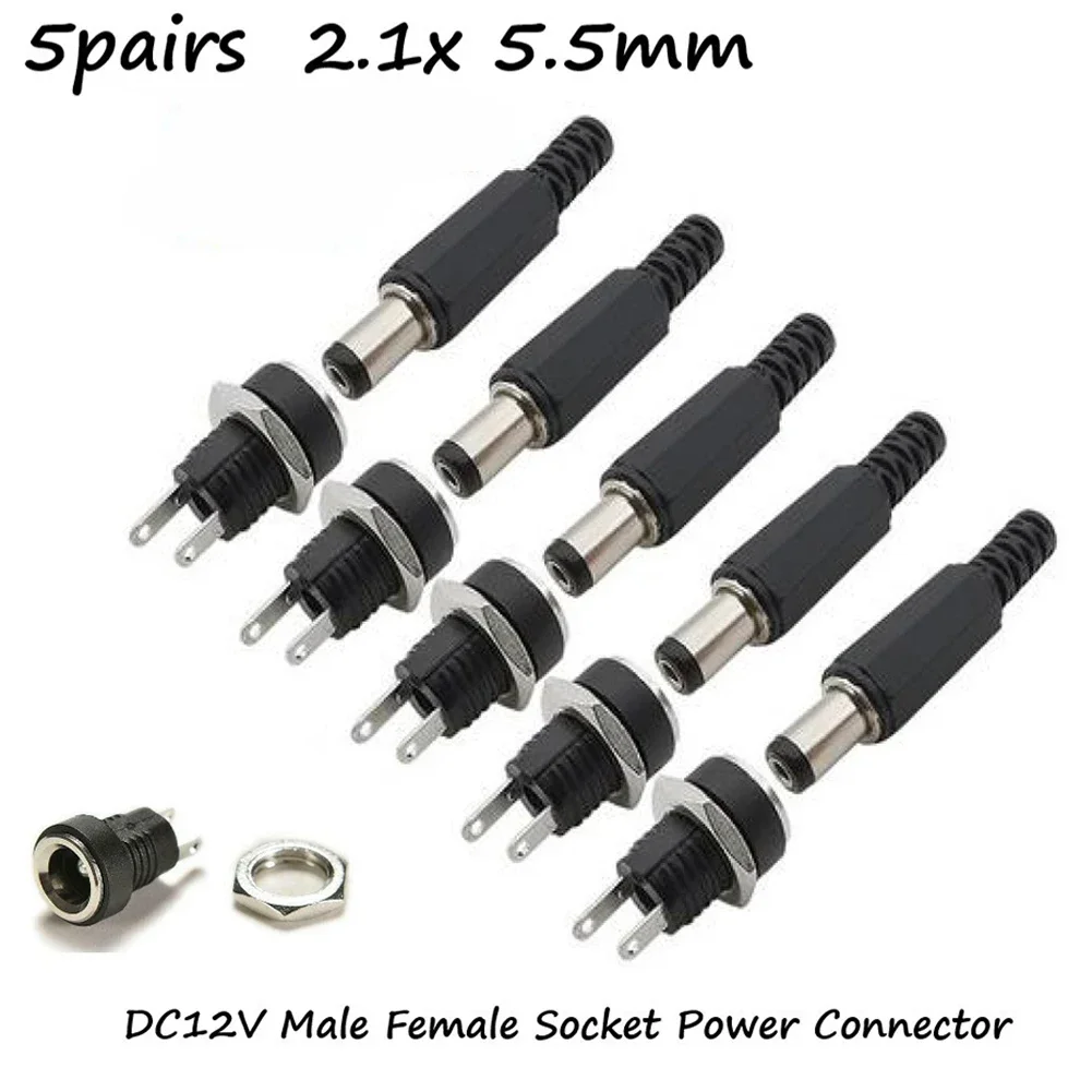 

10 Pieces DC 12V Connector Power Plug Male Female Jacks Socket Nut Panel Mount DC Power Adapter Connector 5.5x2.1x9mm