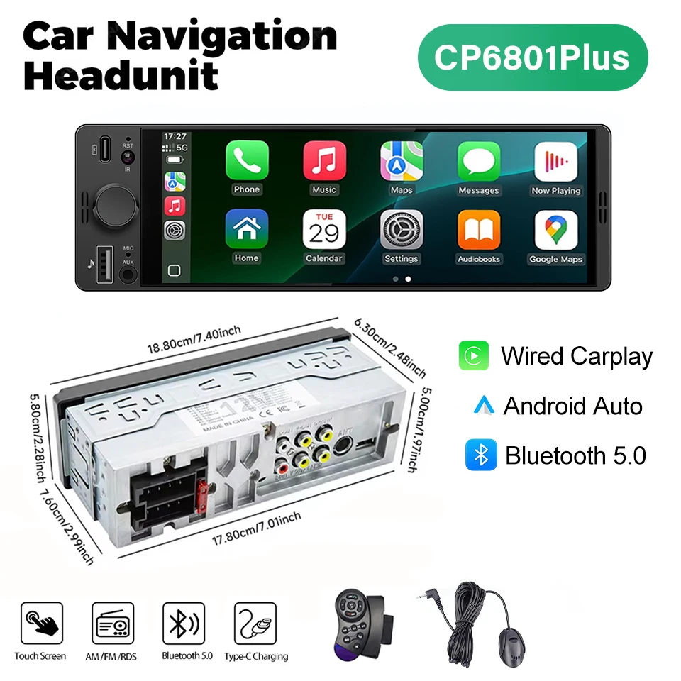 1DIN 6.86 inch universele MP5 autoradio met draadloze Carplay, Android Auto, AUX, USB, BT, touchscreen en multimediaspeler