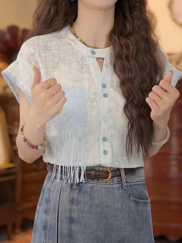 

Casual Style Loose Fit round Neck Single Button Women's Shirt Summer New Arrival Slimming Tassel Patchwork Top for Middle-Age...