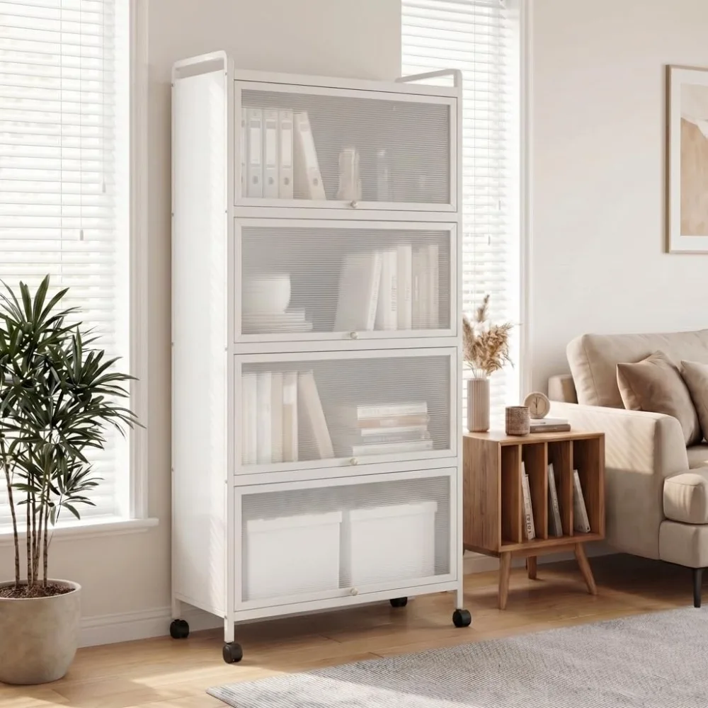 5-Tier Kitchen Storage Cabinet on Wheels, Mobile Microwave Stand with Flip-up PC Doors and Anti-Toppling Device, Free