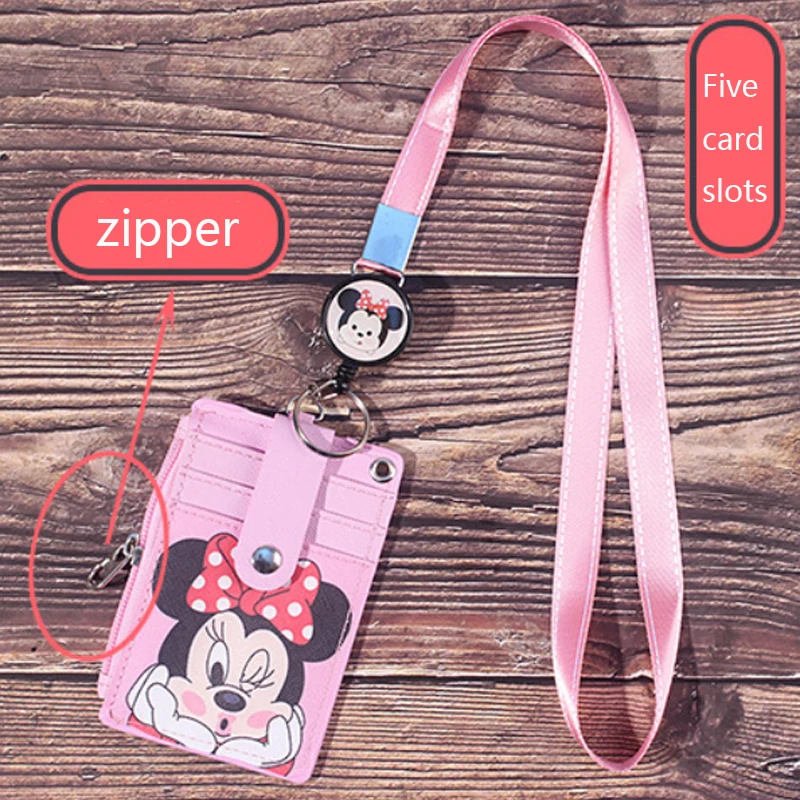 Disney Anime Mickey Hanging Neck Retractable Card Holder Campus Card Cartoon Stitch Id Card Shell Leather Case Bus Card Bag Gift