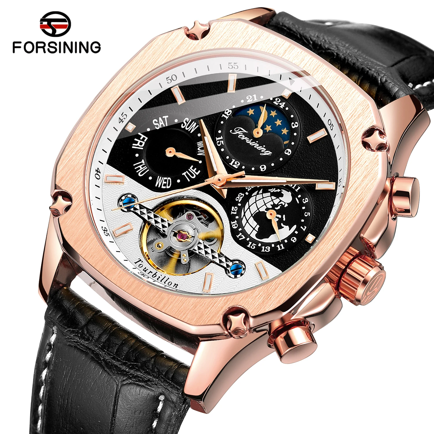 Luxury Automatic Machanical Watch Top Brand Man Clock Black Leather Strap Tourbilion Week Date Display Fashion Wrist Watches