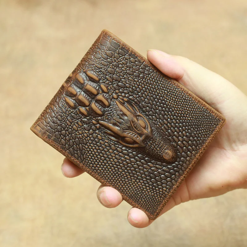 Crocodile Pattern Money Clip Folding Purse Men Cash Holder Pouch Genuine Cowhide Leather Vintage Wallets Keep Cards Tickets