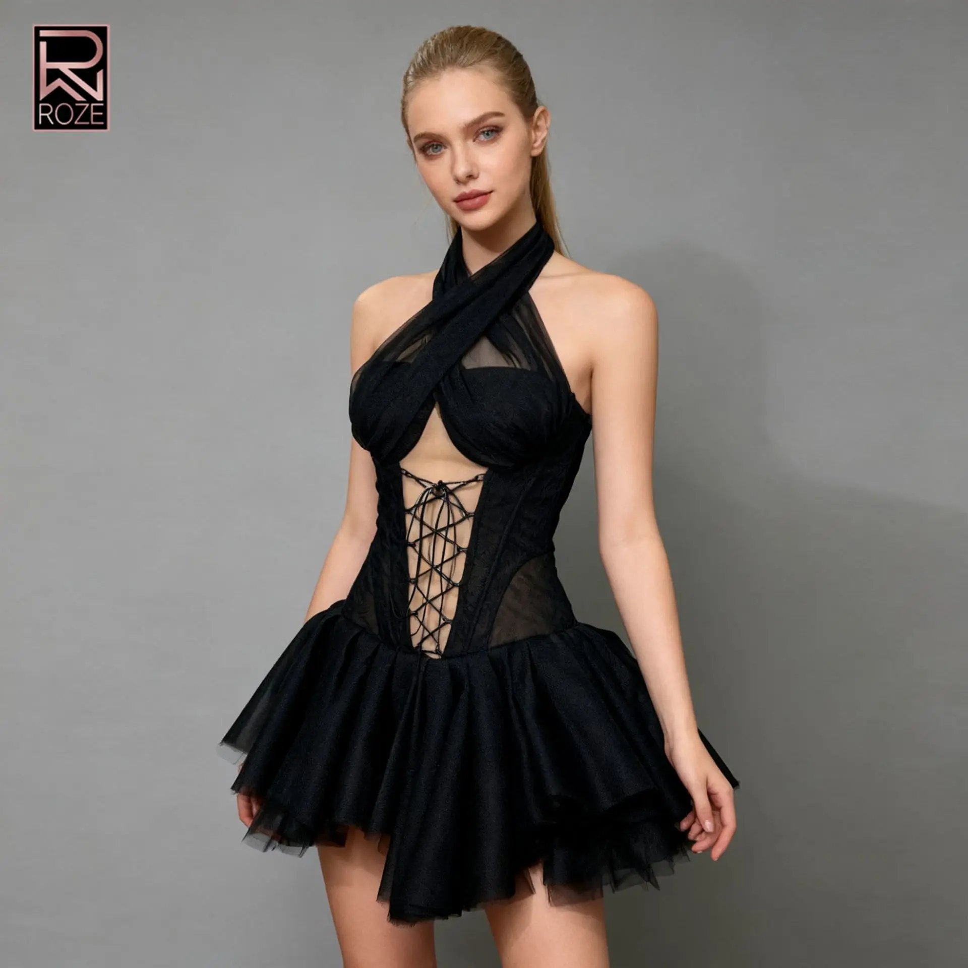 فستان Bodycon مثير بفتحات 2025 - رقبة رسن مع تفاصيل ربطة عنق وثوب متقاطع بدون ظهر