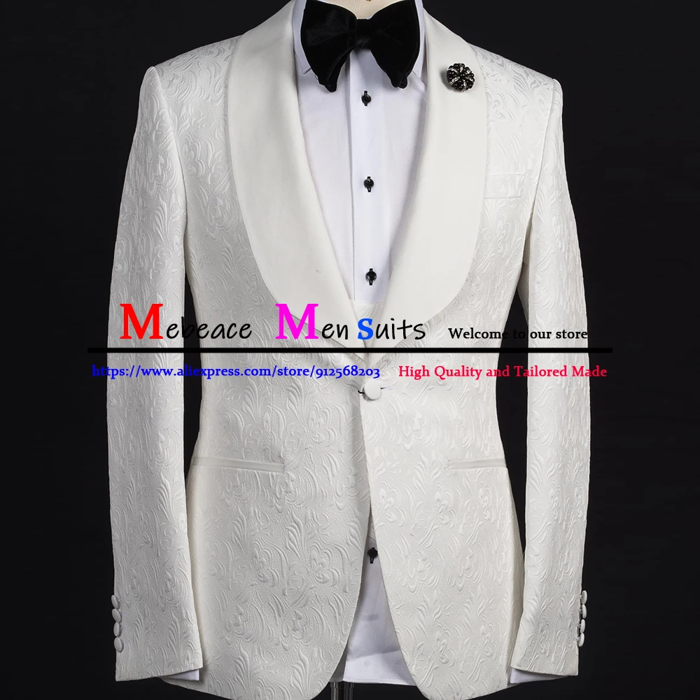 Latest Men Suits Ivory Jacquard Blazer Sets Formal Mens Wedding Suit Slim Fit Groom Tuxedo 3 Piece Tailor-Made Man Wedding Dress