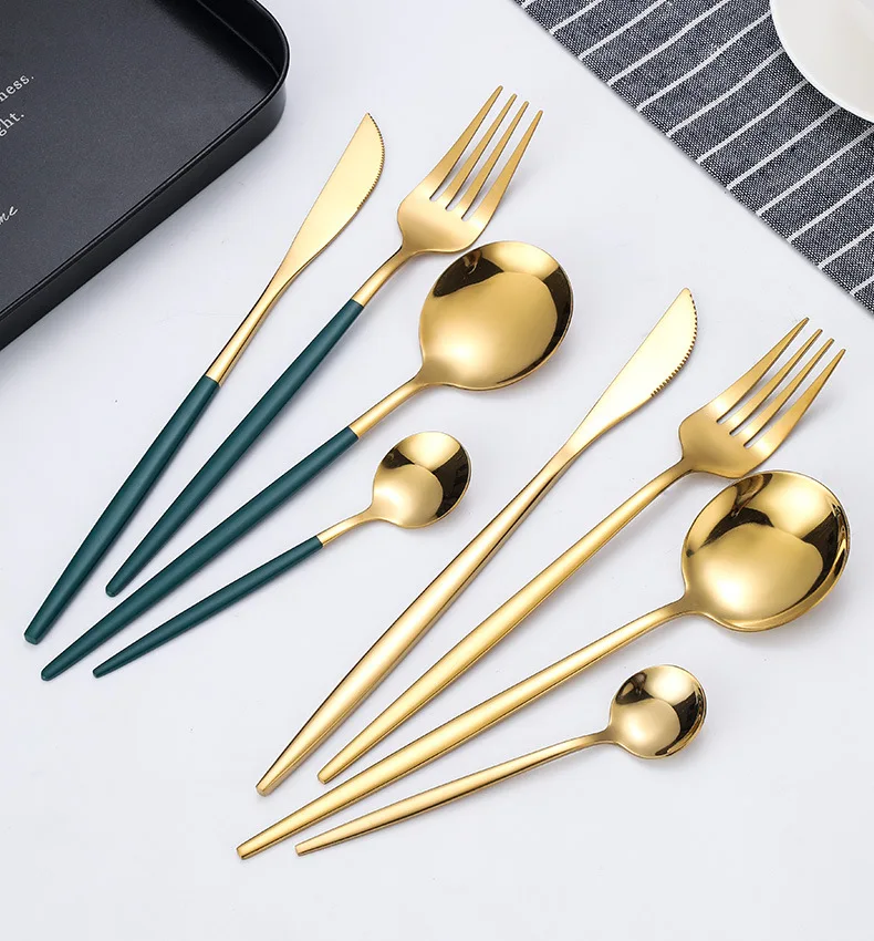 24Pcs Black Handle Golden Cutlery Set Stainless Steel Knife Fork Spoon Tableware Flatware Set Festival Kitchen Dinnerware Gift