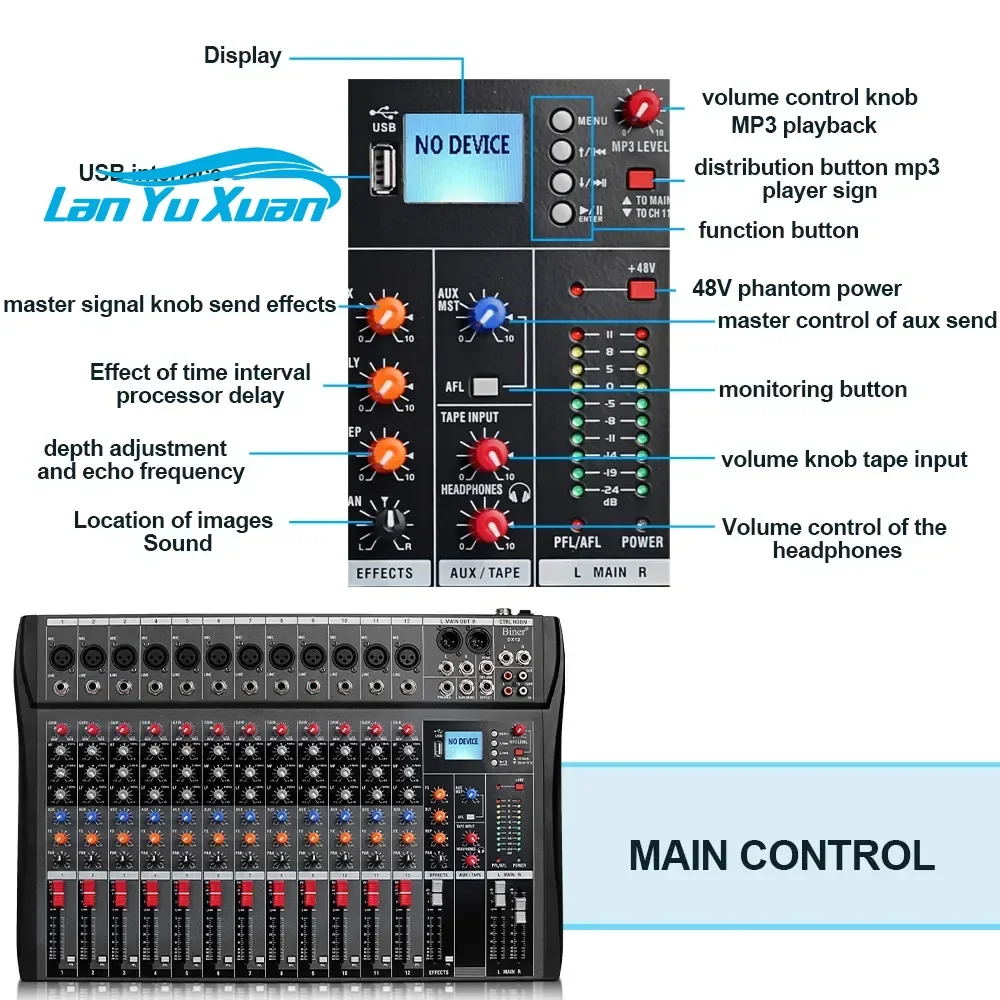 

2026 OEM DX12 Professional Audio Mixer USB 48V Phantom Power DJ Console 12-Channel Audio Console Mixer