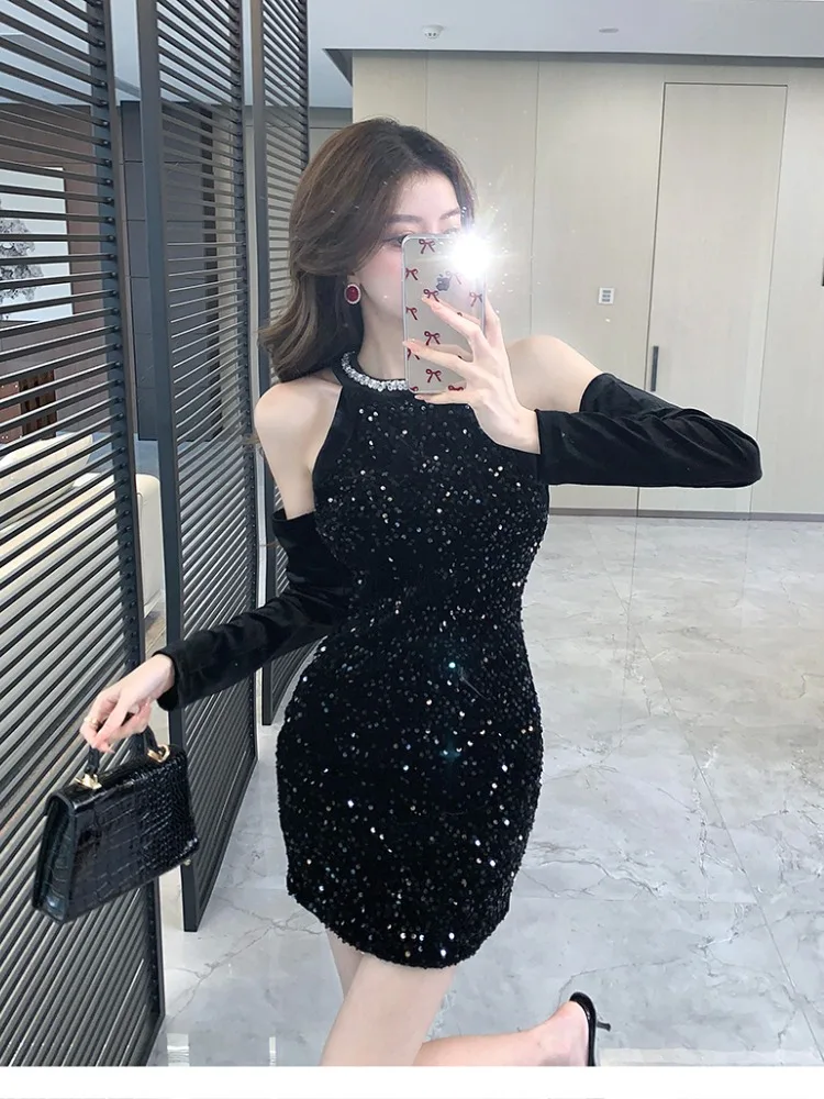 Ezgaga Mini Dresses Women Sequins Patchwork Halter Slim Autumn Winter Fashion French Style Chic Sexy Dress Party Clubwear