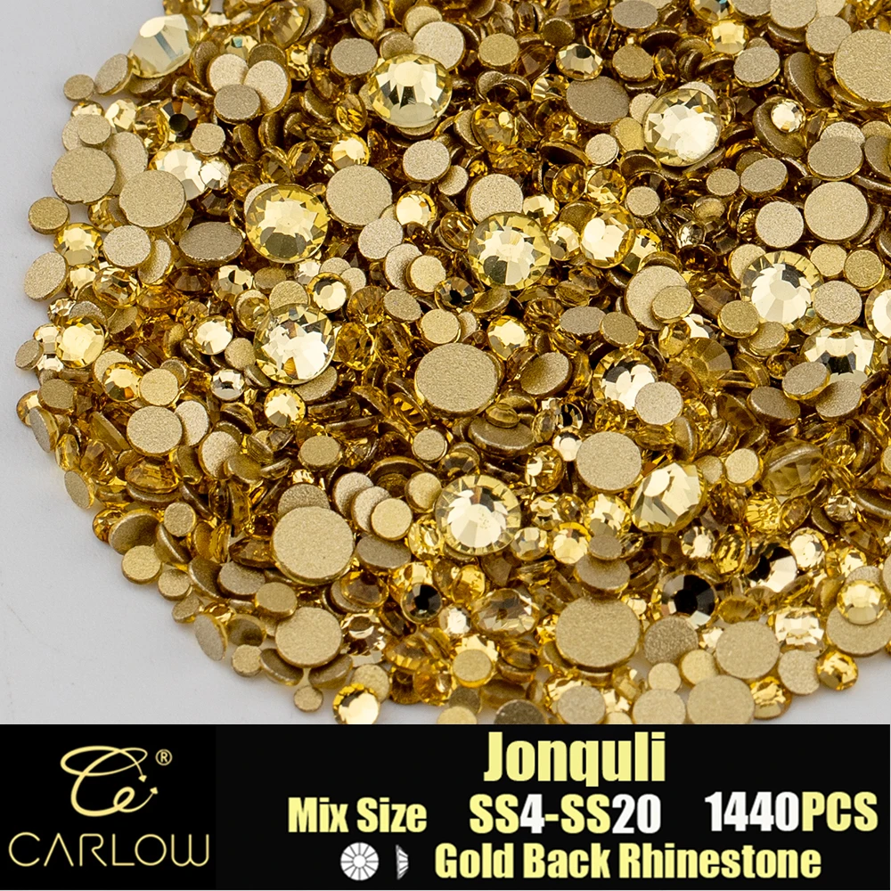 CARLOW Jonquil fondo dorato SS4-SS20 Mix Size strass Non Hot Fix 1440 pezzi scarpe con diamanti in vetro con retro piatto fai da te Nail Art JD-004