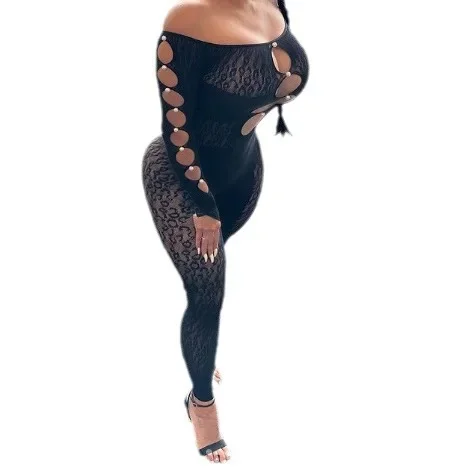 Sexy Hollow Out See Women Solid Seductive Midnight Off Shoulder Long Sleeve Body-Shaping Clubwear Outfit Through Jumpsuits