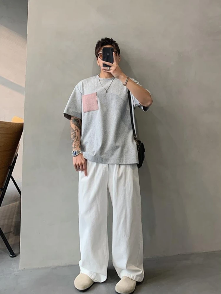 Men's Oversized T-Shirt Cotton Casual Top Summer Short Sleeve Tee for Big and Tall 300kg Comfort Fit Round Neck Pocket Detail