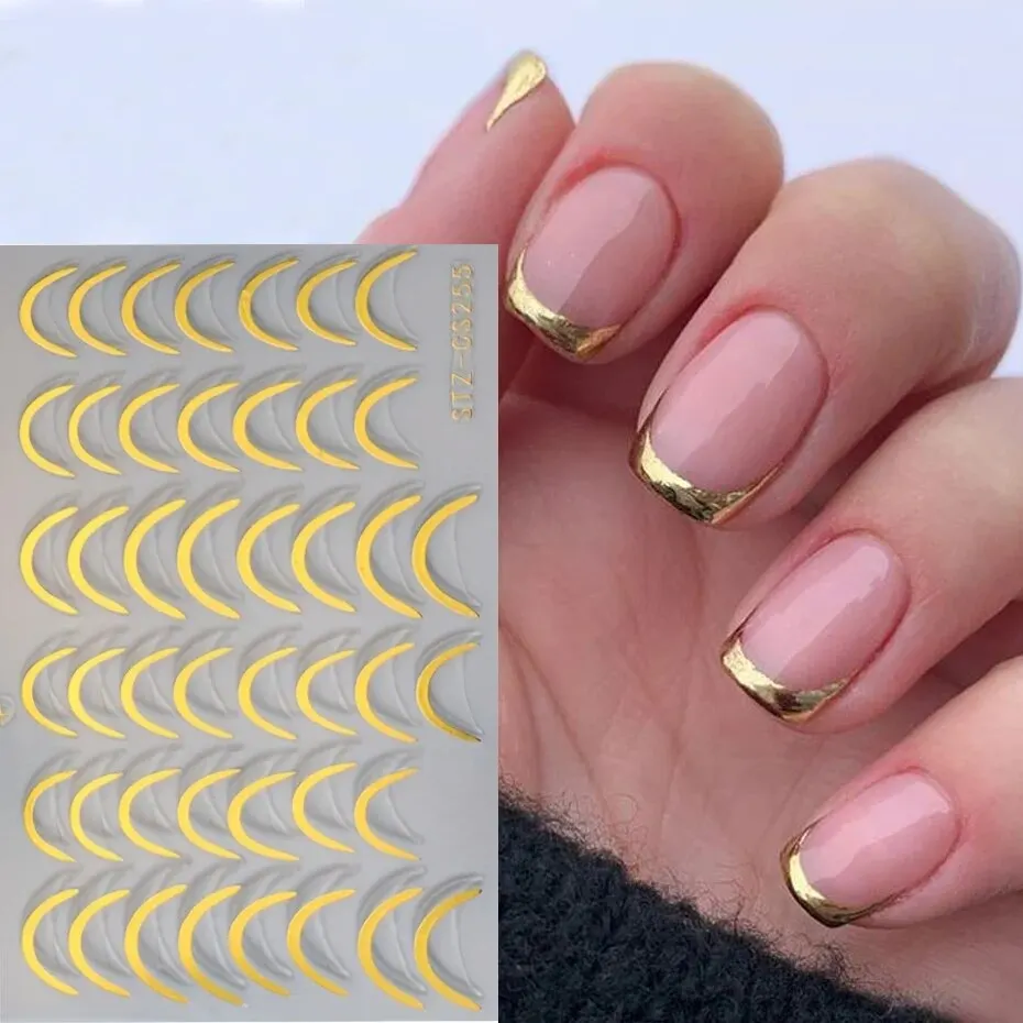 3D Simple French Tips Nail Stickers Silver Gold Metal Stripe Line Swirl Decals Curve Gel Nails Art Sliders Polish Manicure Decor