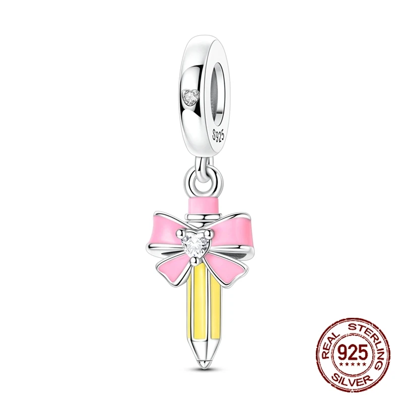 

Подвеска-карандаш из стерлингового серебра 925 пробы с розовой эмалью, бантом и сердечком, инкрустированная фианитами, для браслетов, ювелирный подарок для женщин и девушек