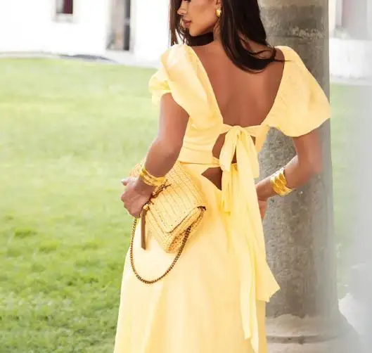 

Solid Color Short Sleeved Backless Tied Slit Dress with Summer V-Neck Bubble Sleeves, Women's Sexy Waist Cinched A-Line Dress