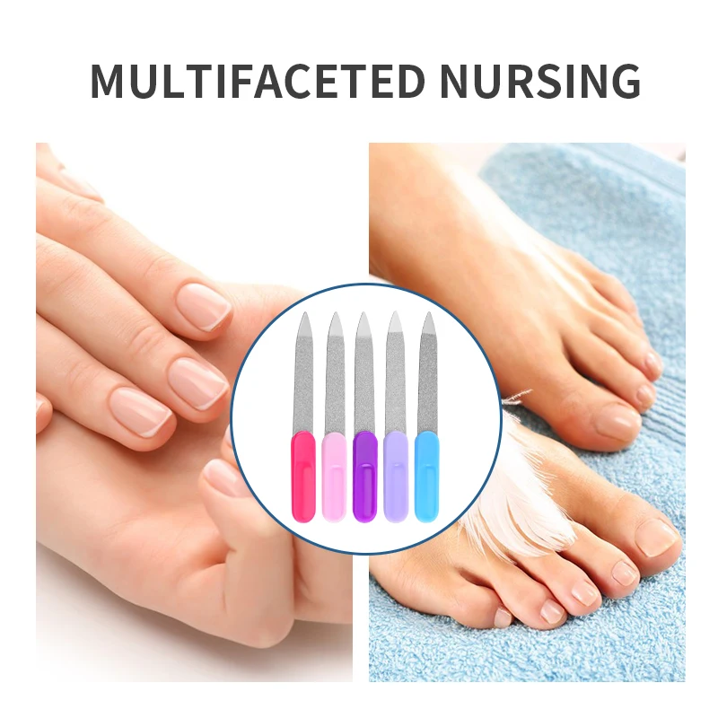 Lima per unghie in acciaio multicolore fronte-retro per unghie, unghie dei piedi, raschiatura, rinforzante, manicure per dita in metallo