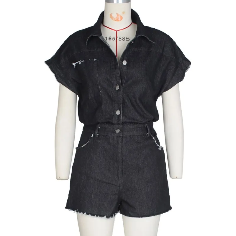 

Лето 2025 г., женский сексуальный эластичный джинсовый комбинезон с короткими рукавами и короткой юбкой с высокой талией, легкий дышащий черный джинсовый комбинезон