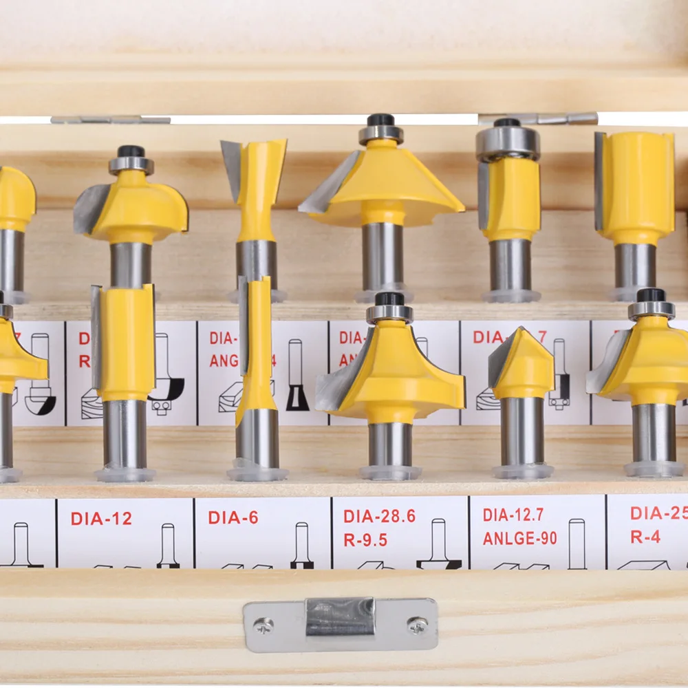 1/4 Handle 12-piece Wooden Box With 8 Handles 12B Woodworking Milling Cutter Set Decorated Edge Knife Chamfer Knife Tungsten Ste