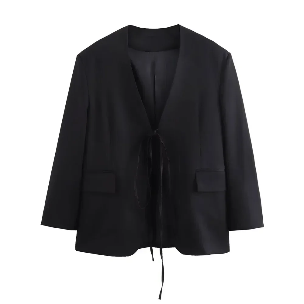 Casual Oversized Black Blazer Women V Neck Bow Tie Pockets Loose Jackets Fashion 2024 Streetwear Women Outwears