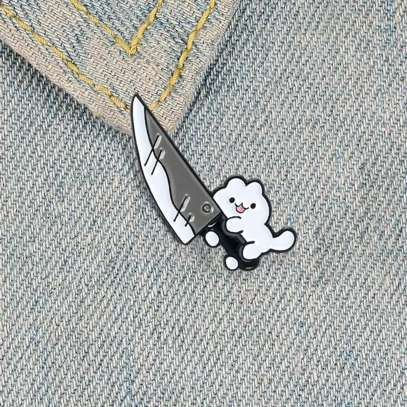 Funny White Black Cat with Knife Brooches Enamel Badges Pins Cartoon Duck Backpack Hat Shirt Lapel Pin for Kid Women Bag Clothes