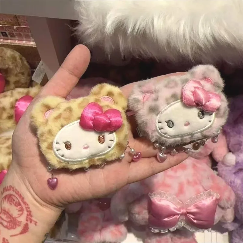 Sanrio Leopard Print Series Hello Kitty Cinnamoroll Stuffed Hairclip Sweet Kitty Cat Side Clamp Hairclip Girl Cartoon Bangs Clip