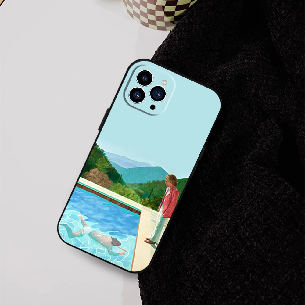 David Hockney Art Phone Case for iPhone 12 11 13 14 15 16 Max Pro Plus Black Soft Silicone Cover