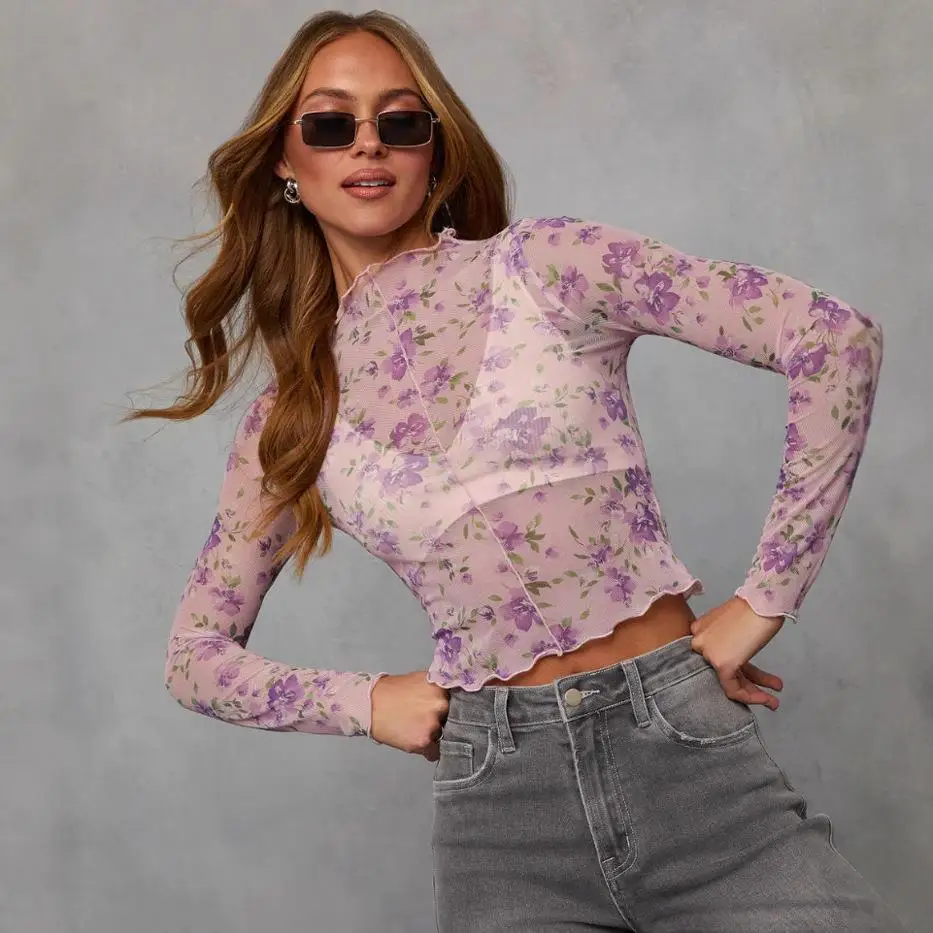 

Женская футболка с принтом Me Top Street Sle Long Sve с высоким воротником из полиэстера и кружевным дизайном на все тело