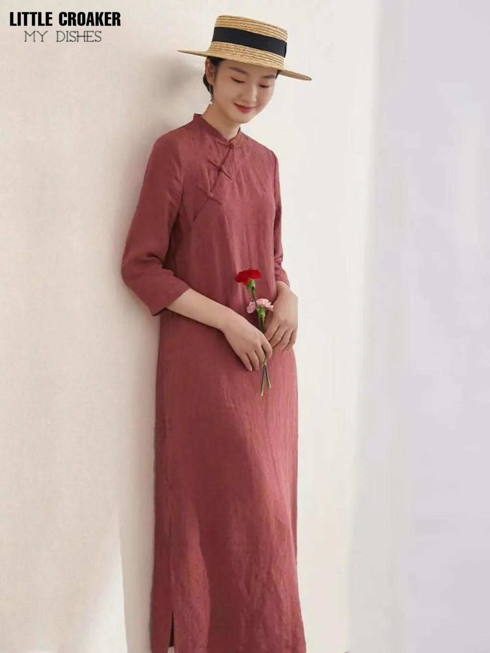 Cotton Chinese and Hemp 2023 Spring/Summer New Cotton Cheongsam and Hemp Art Retro 3/4 Sleeve Dress Women\'s Improved Qipao Women