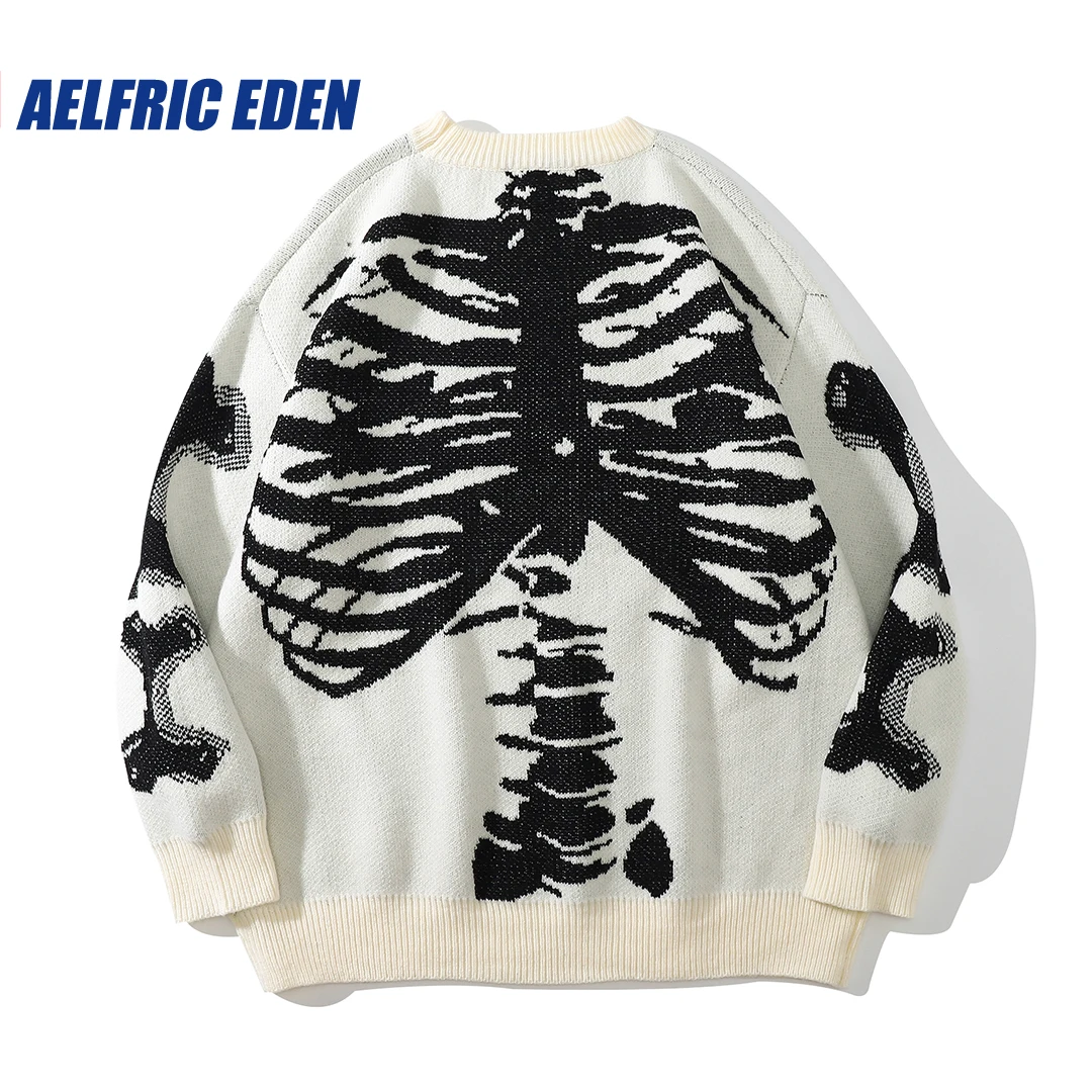 2023 Harajuku Vintage Skeleton Pattern Knit Sweater Men Winter Oversized Mens Hip Hop Rap Pullover Women Jumper Punk Sweater