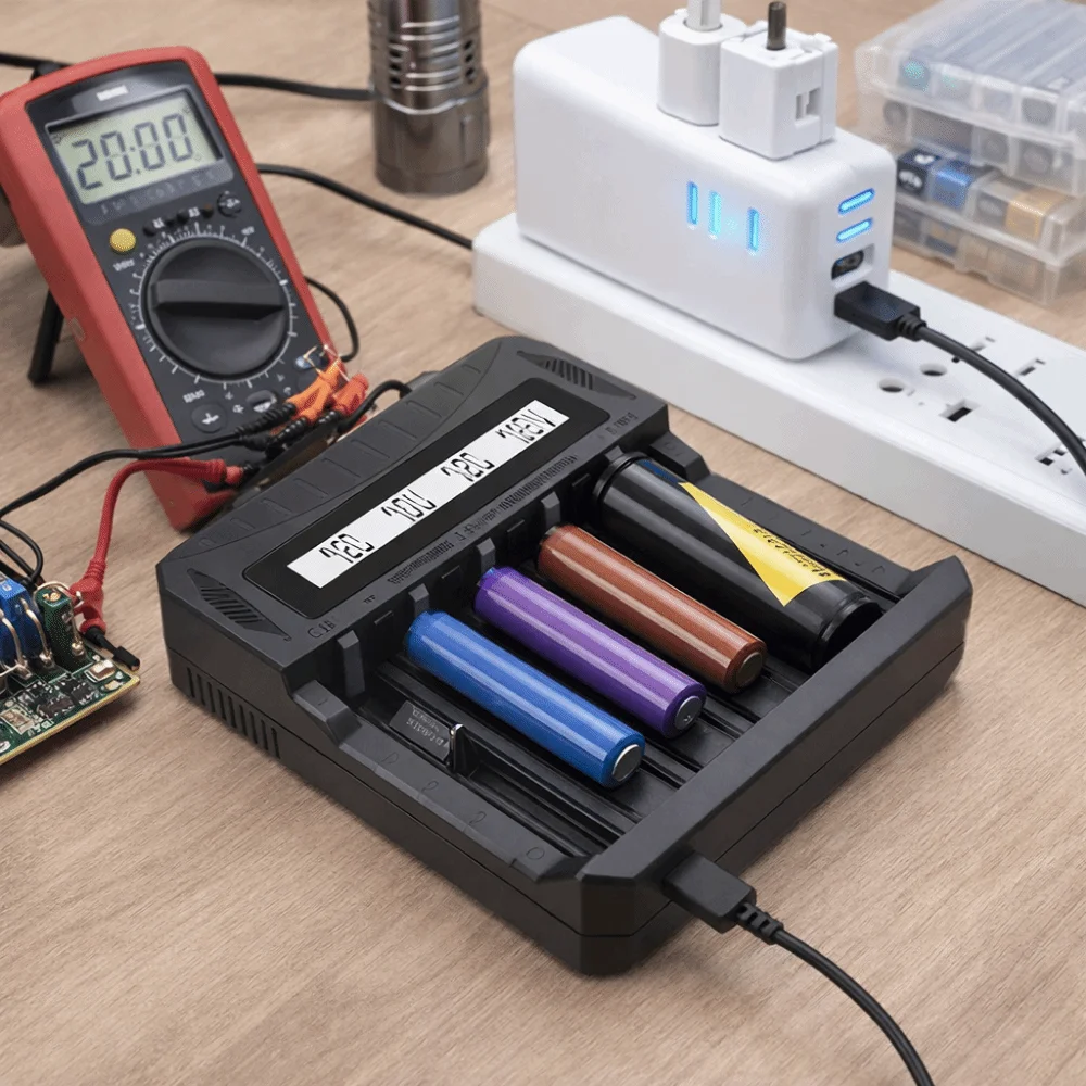 

Зарядное устройство для литиевых аккумуляторов на 4 слота, 3.7V-4.2V Li-ion, 1.2V-1.5V Ni-MH, с интеллектуальным ЖК-дисплеем, USB-зарядка