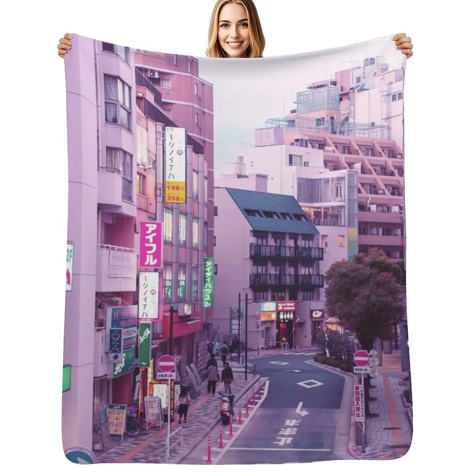 Pink City Pop Aesthetic Tokyo Japan Poster Vaporwave lofi moody vibe Throw Blanket for winter Retros Thermal Soft Blankets