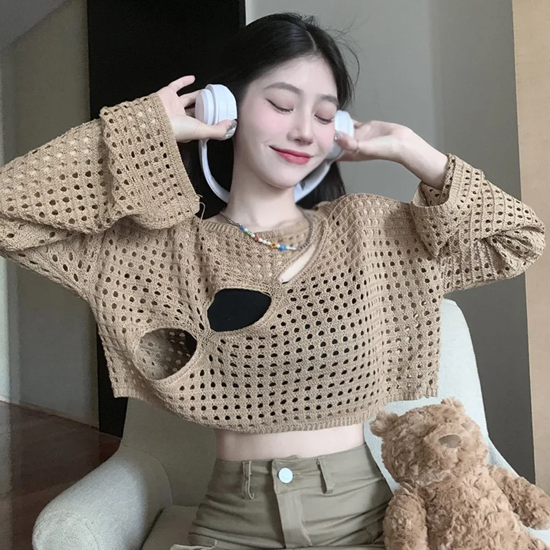 

Women's Blouses Loose Round Neck Cropped Navel See-through Mesh Sexy Knitted Versatile Casual Spring Summer Top