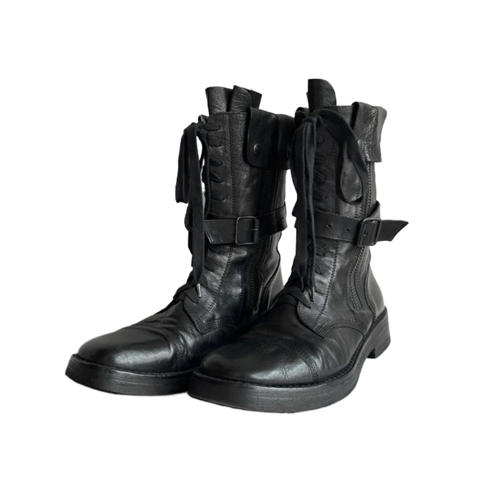 Women's Leather Motorcycle Boots Punk Retro Mid-Calf Western Cowboy Boots Black Soft Belt Buckle Strap High-top Moccasin Shoes