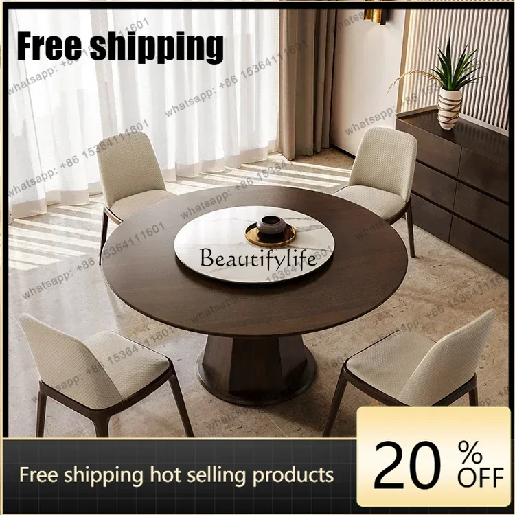 HJ Italian light luxury round dining table round modern simplicity with turntable minimalist high sense