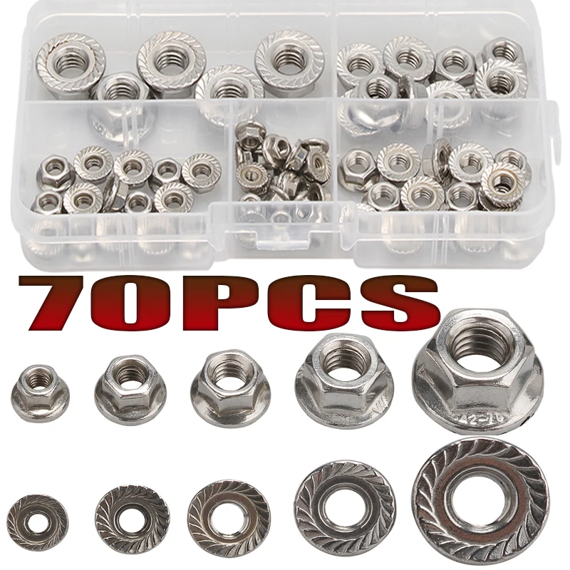 

70Pcs/set M3 M4 M5 M6 M8 Stainless Steel Hexagon Flange Nuts Pinking Slip Locking Lock Nut Assortment Kit