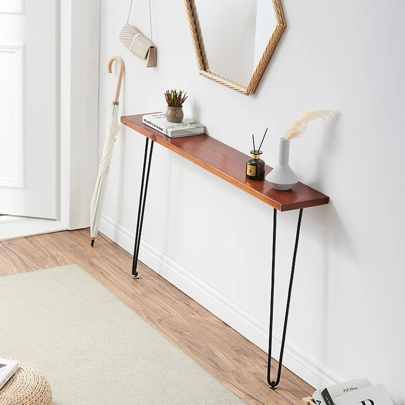 Solid Wood Narrow Entryway Table with Iron Console Hallway Desk Minimalist Foyer Desk for Small