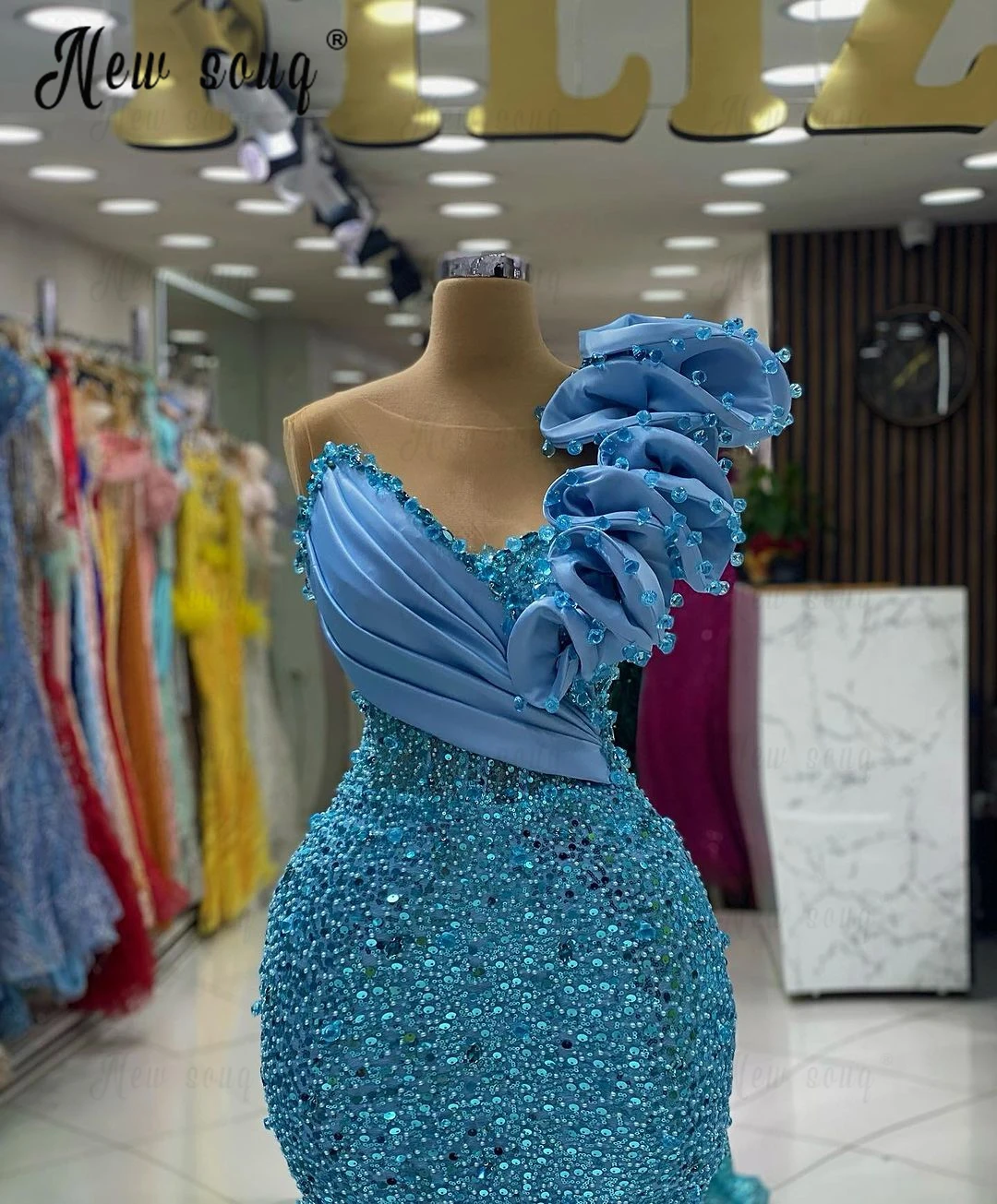 Vestido de festa azul claro feminino, Trompete, frisado, lantejoulas, vestidos de noite, vestido de casamento árabe, na moda, vestidos para ocasiões formais