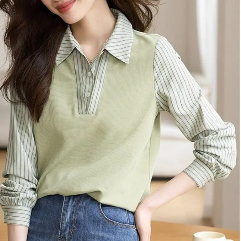 Women\'s Pullover Patchwork Stripe Fake Two Piece Shirt Set Spring and Autumn Women\'s Fashion Polo Neck Long Sleeve Casual Tops