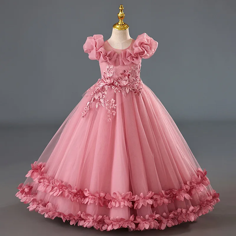高級ガールズパーティードレス花刺繍結婚式の花嫁介添人白プリンセスドレス女の子ページェント Vestidos ピアノ Perforn ガウン