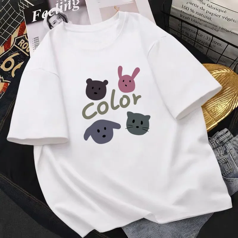 T-shirt Harajuku de grandes dimensões para mulher, gola redonda, desenho animado, meia manga solta, estampada, casual, simples, top selvagem