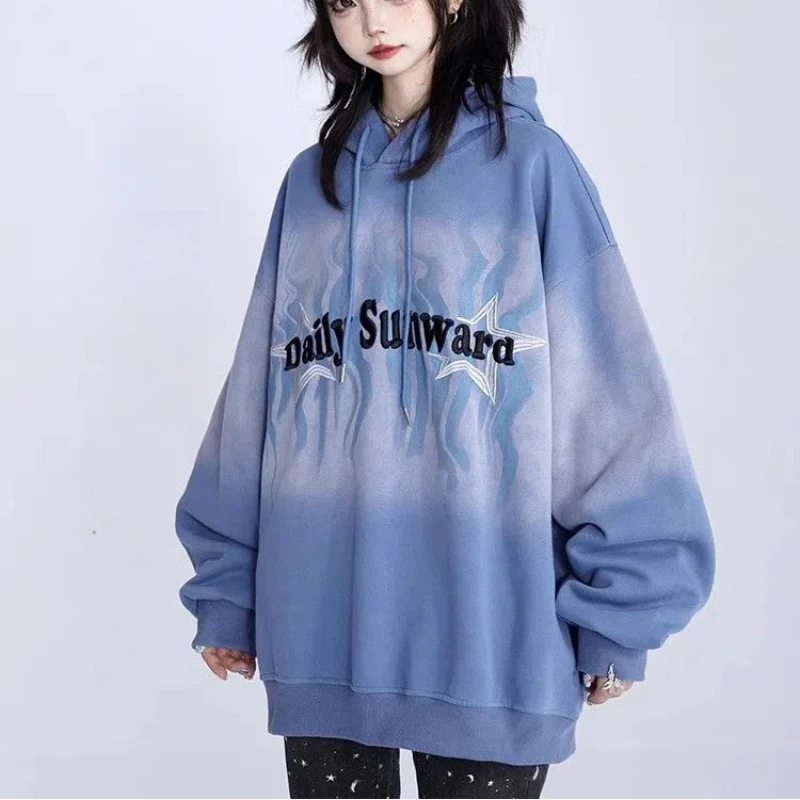 American Retro Gradient Blue Hooded Sweatshirt for Women's Autumn and Winter New Design Sense Niche Simple Casual Versatile