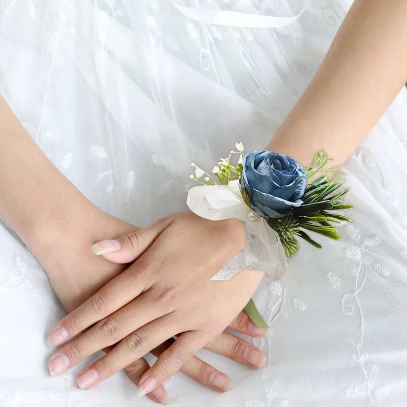 Gadis pengiring pengantin bunga pergelangan tangan buatan sutra mawar korsase pin gelang kain bunga tangan pesta Prom pernikahan aksesoris