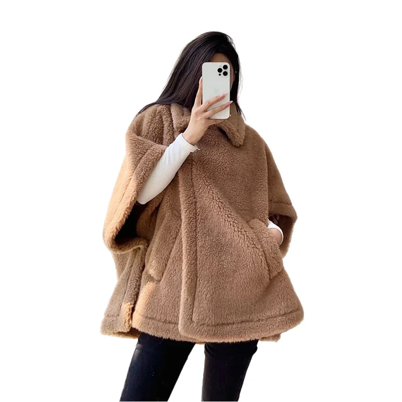 MAX Teddy Bear Shawl Female Autumn Winter Camel Jacket Gray Sheep Wool Coat Lapel Short Alpaca Silk High-end Fashion Jacket