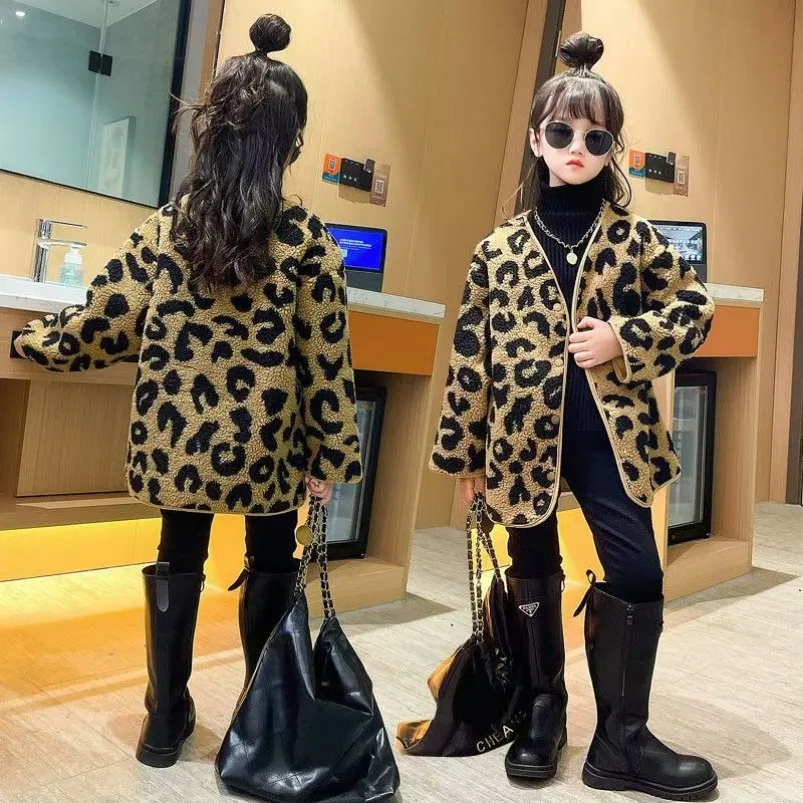 Girls Popular Leopard Print Cardigan Jacket Stylish Children 2024 Korean Fur Integrated  New Top Trend Autumn and Winter