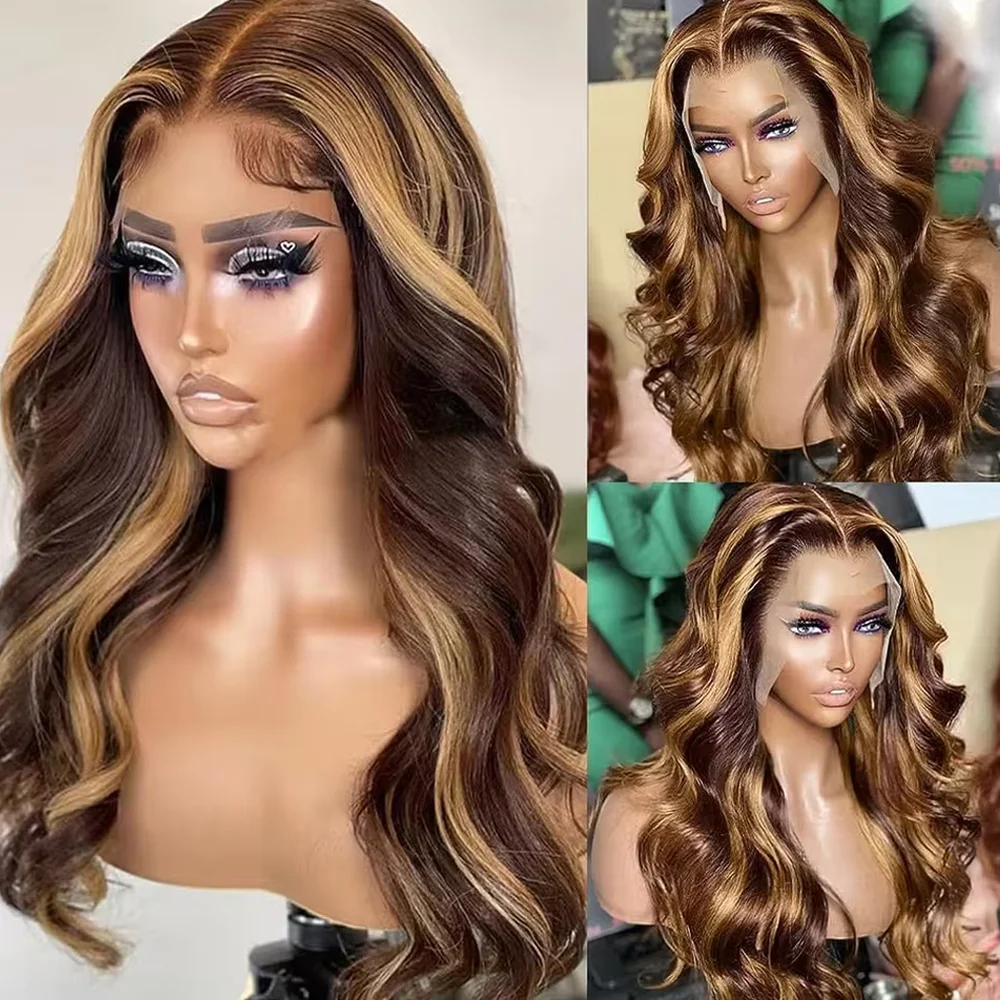 

26 Inch P4/27 Highlight Ombre Brown Body Wave 13x4 Human Hair Wig Honey Blonde Colored 5x5 Glueless PrePlucked Wigs For Women