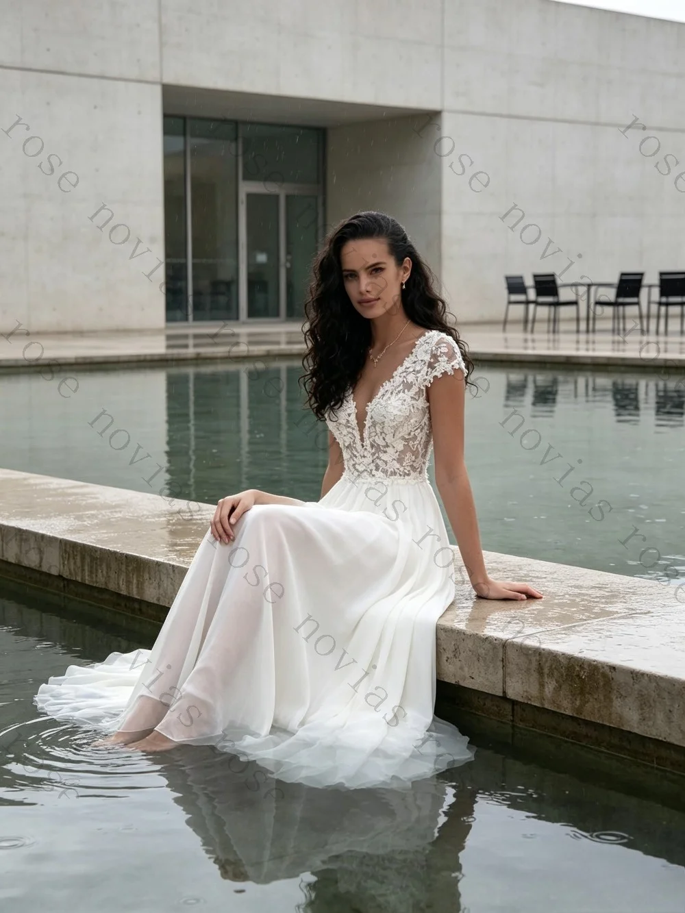 Customized Elegant Bohemian Lace Short Sleeve Wedding Dress 2026 V Neck Chiffon A-line Bridal Gown Suitable for Beach Gardens