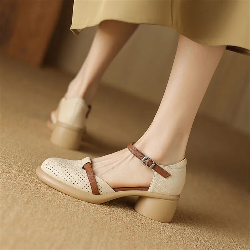 New Genuine Leather Summer Sandals Cover Toe Hollow Out Sandals for Women Platform Shoes Chunky Heel Shoes Mixed Color Sandals