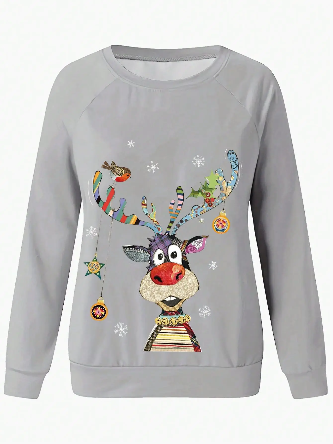 Women Crew Neck Raglan Sweatshirt Christmas Colorful Reindeer Snowflake Print Long Sleeve Pullover