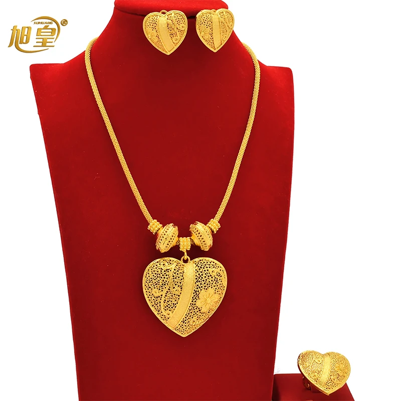 

Ethiopian 24k Gold Color Heart Pendant Necklace Sets for Women Indian Anniversary Africa Bridal Necklace Earrings Ring Set Gifts